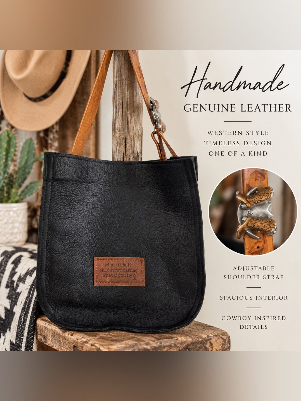 Handmade 100% Leather Western Shoulder Tote Cowboy Buckle Black Brown Horse